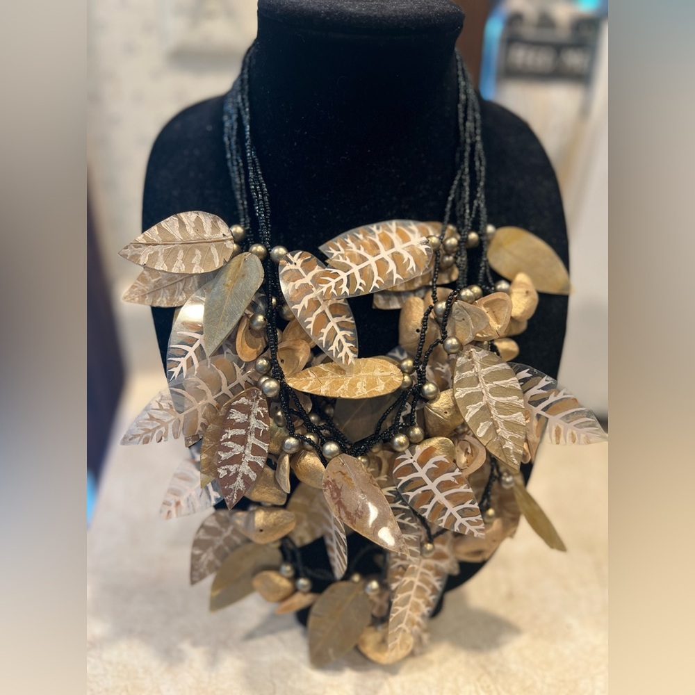 African Artisan Painted Gold Leafs Black Seed Bead Triple Statement Necklace